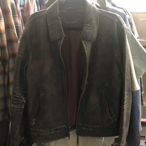 John Varvatos Brown Distressed Leather Bomber Jacket with Vintage Appeal